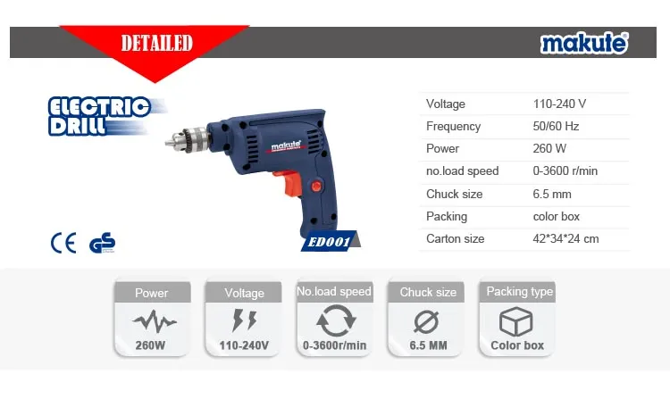 260W 6.5mm Craftsman Electric Drill with CE GS ED001