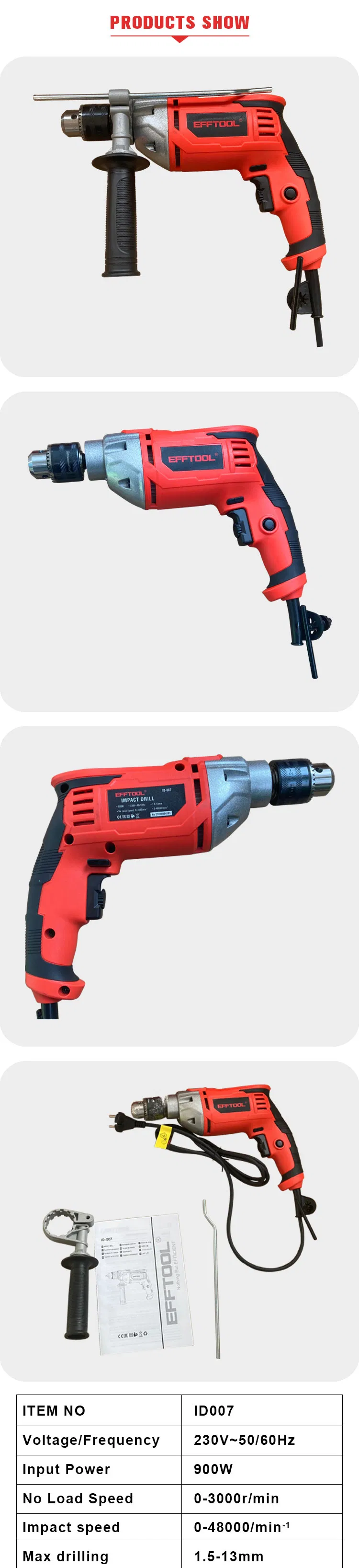 Efftool High Quality Iron Chuck Electric Impact Hammer Drill
