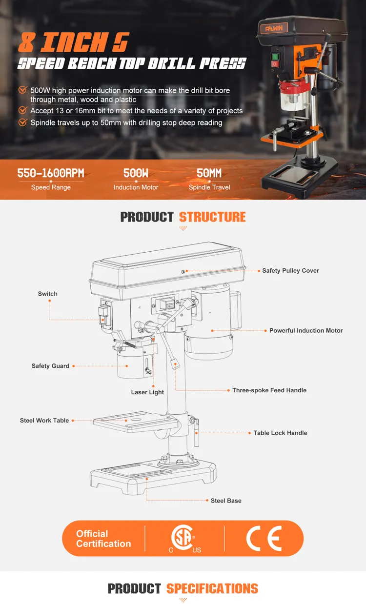 Good Quality 5 Speed CE 230V 250W 13mm Drill Press Machine with Laser