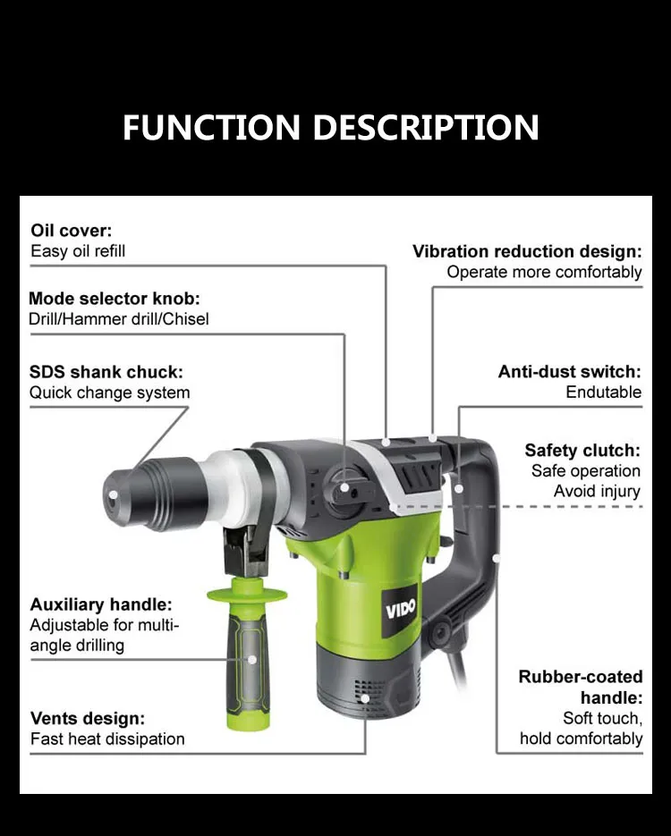 Vido 1250W 32mm Electric Power SDS Rotary Hammer Drills Machine