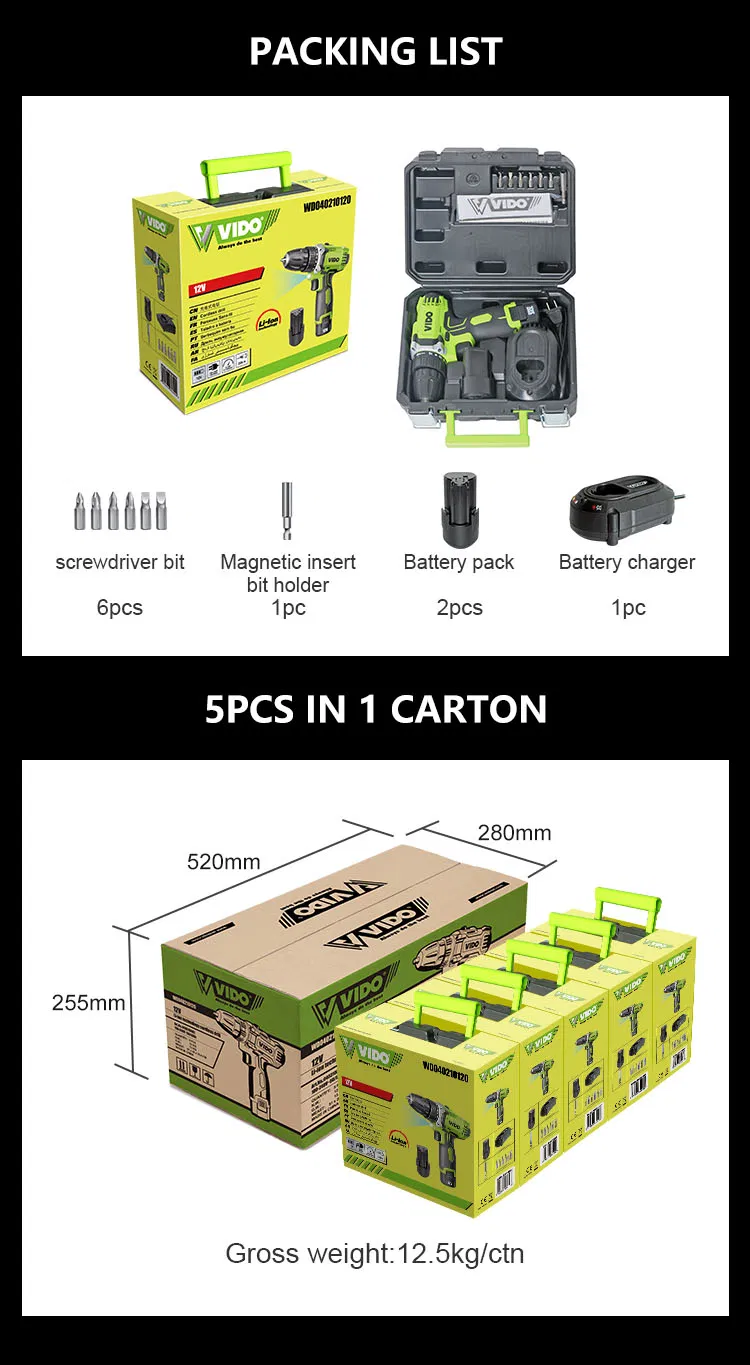 Vido 12V 18 V 18V 21V Electric Li Ion 500rpm Home SDS Hammer Performer with Drillbattery Battery Cordless Drill Set Combo Tool